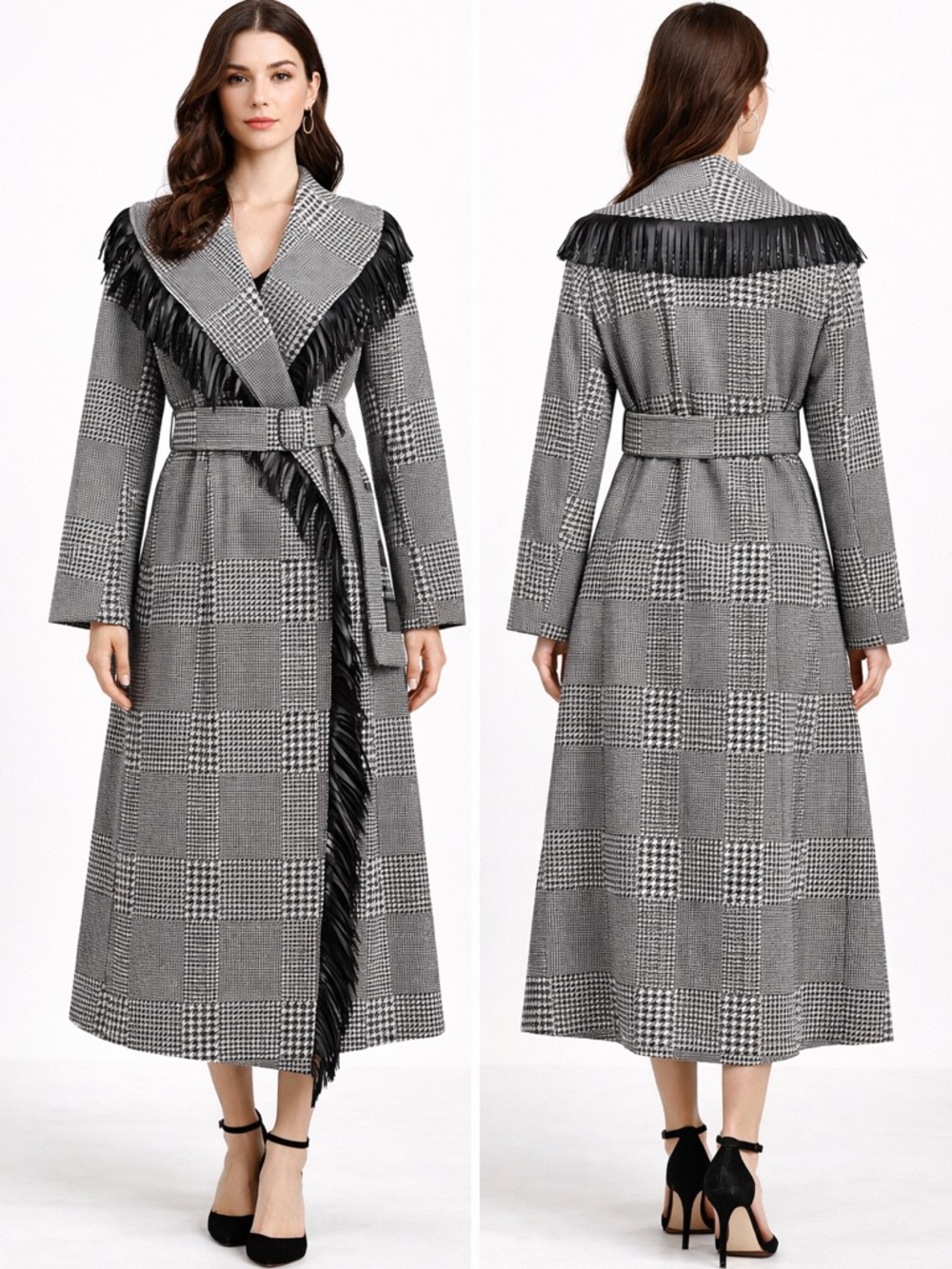 Houndstooth Microfiber Fringe Long Jacket